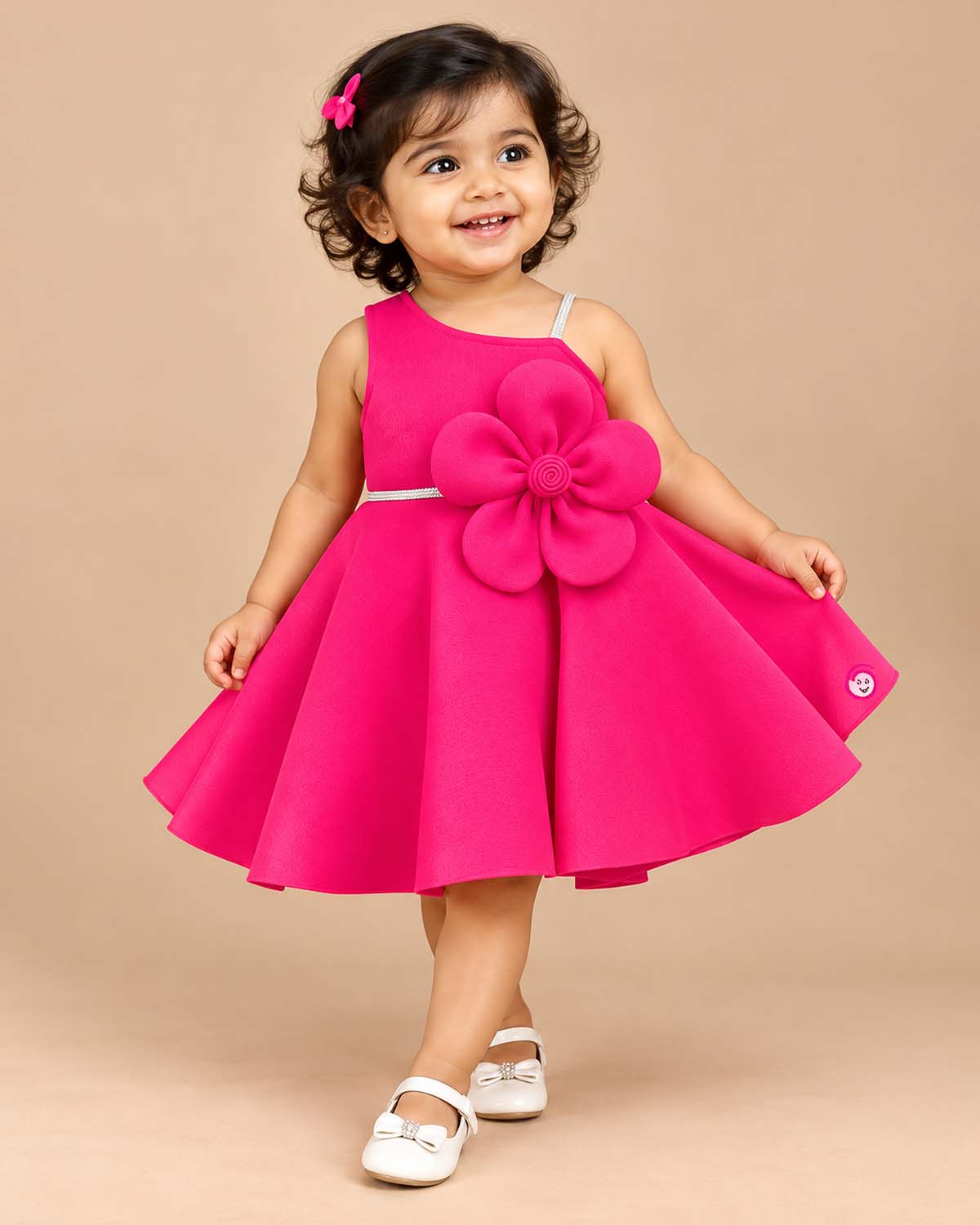 Structured one-shoulder kids party wear frock set with large 3D flower applique, soft booties, and bow headband