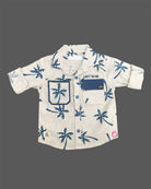 Stylish casual two-piece outfit for little gentleman featuring a printed button-down collared shirt with chest pockets and matching elasticated Pant.
