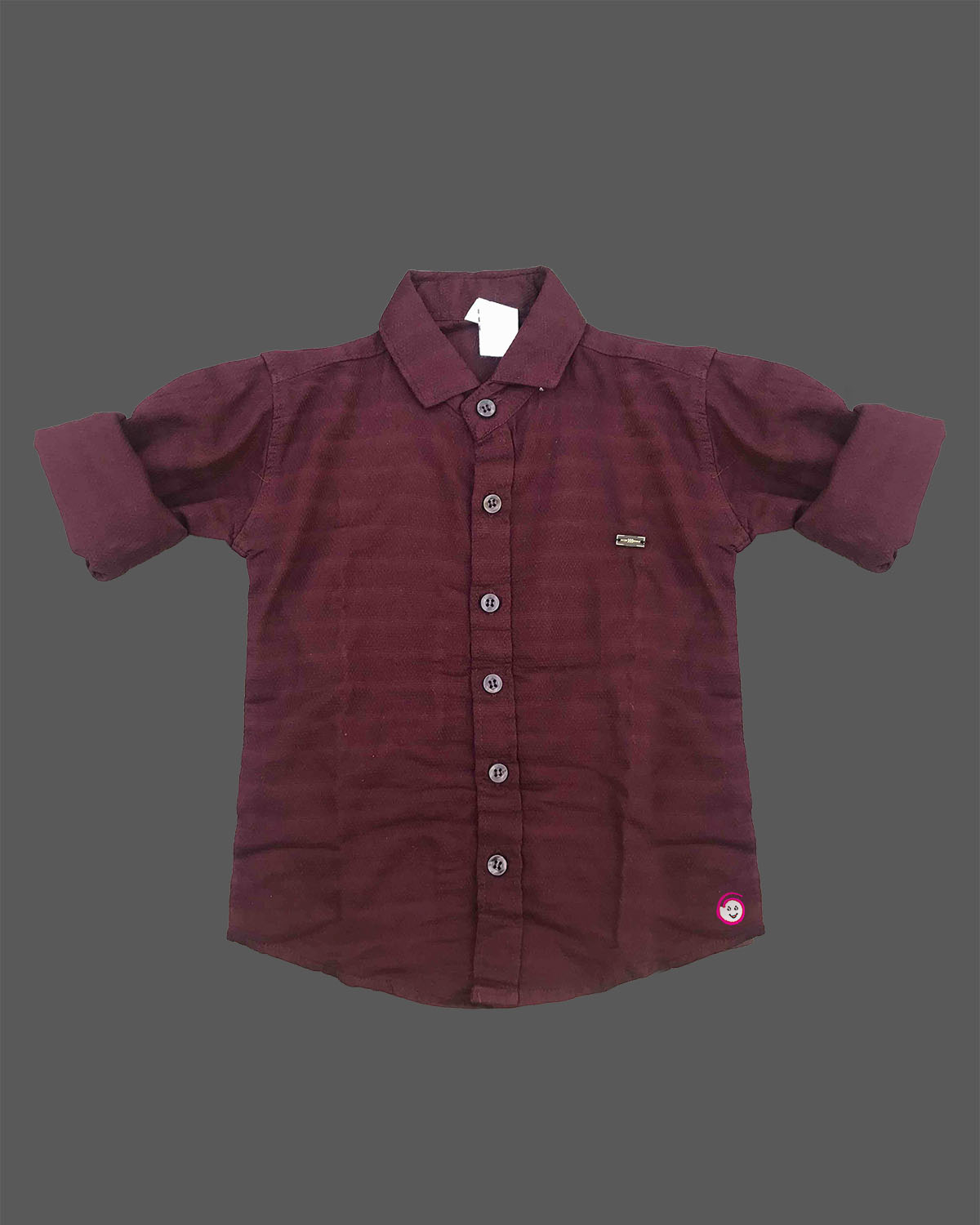 Classic toddler boys button-down shirt with subtle horizontal textured weaving and a small metallic brand patch.