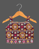 Geometric zari embroidered choli  langa for kids set featuring mirror work choli and printed skirt