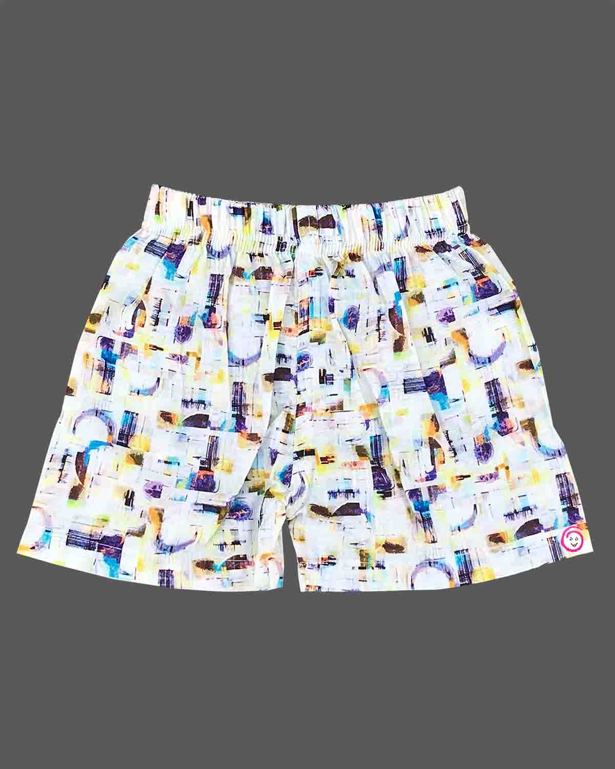 Modern multi-color abstract graphic art print muslin button-down shirt and matching shorts set for baby boys and toddler casual outdoor wear