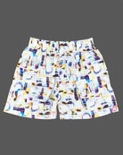Modern multi-color abstract graphic art print muslin button-down shirt and matching shorts set for baby boys and toddler casual outdoor wear