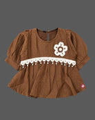 Toddler crochet floral peplum top with puff sleeves and pom pom lace design for girls party wear