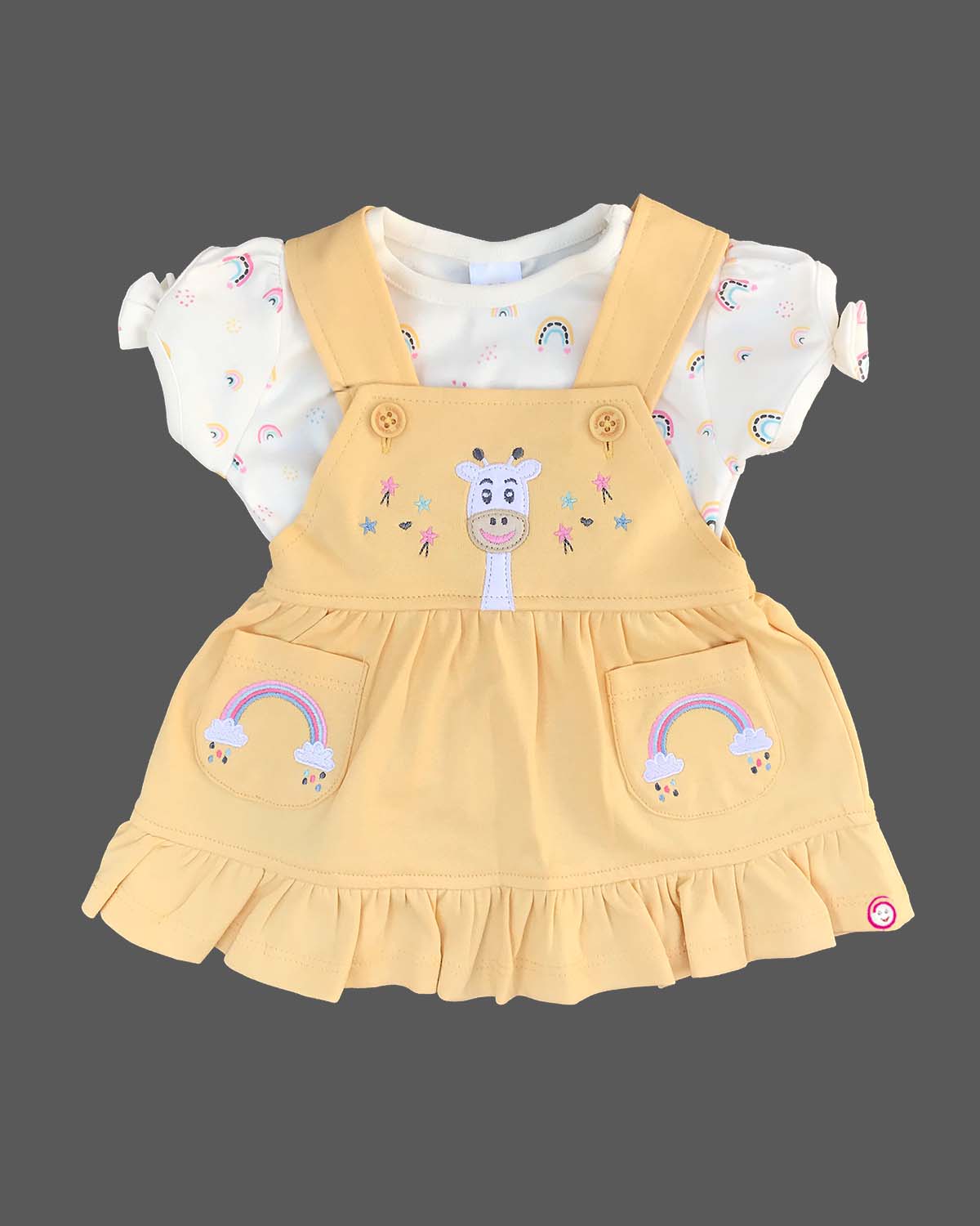 Girls puff sleeve tee with giraffe printed pinafore - Pastel Yellow