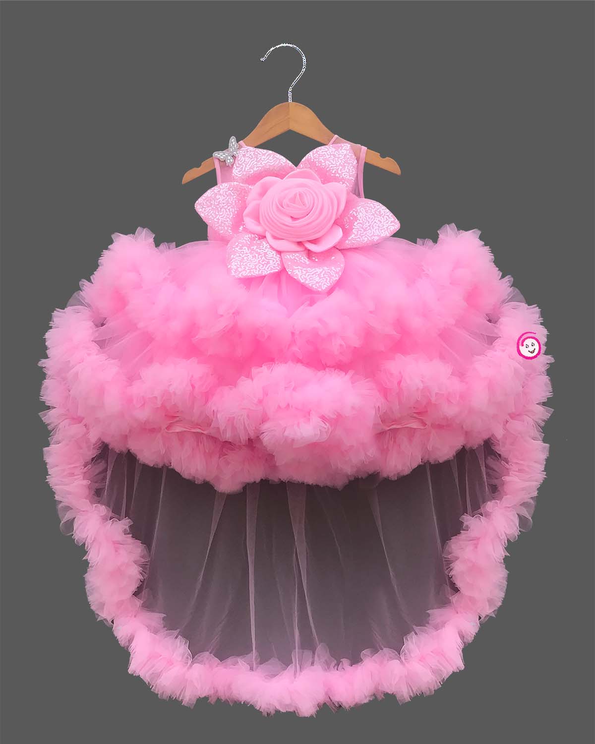 Girls fashion partywear frock with flower detail for birthday, wedding, and reception functions