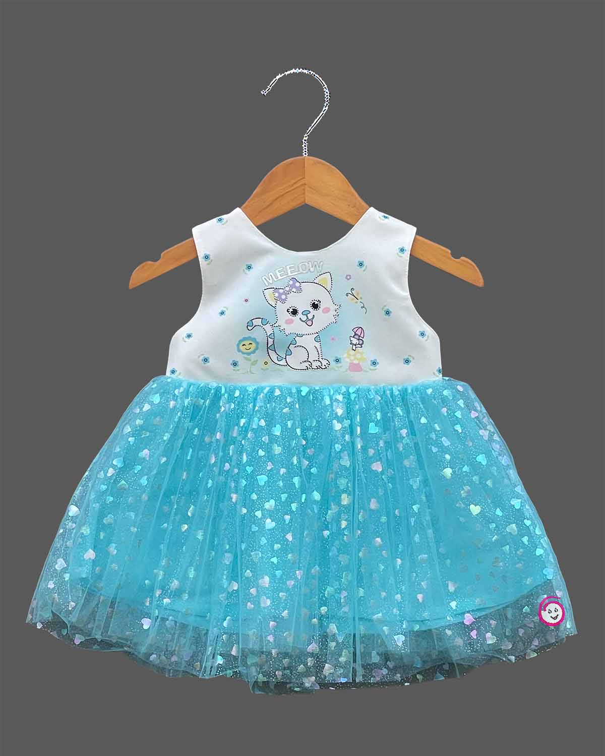 Little girl sky blue net flared frock with white cotton cat print bodice