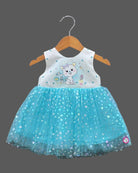 Little girl sky blue net flared frock with white cotton cat print bodice
