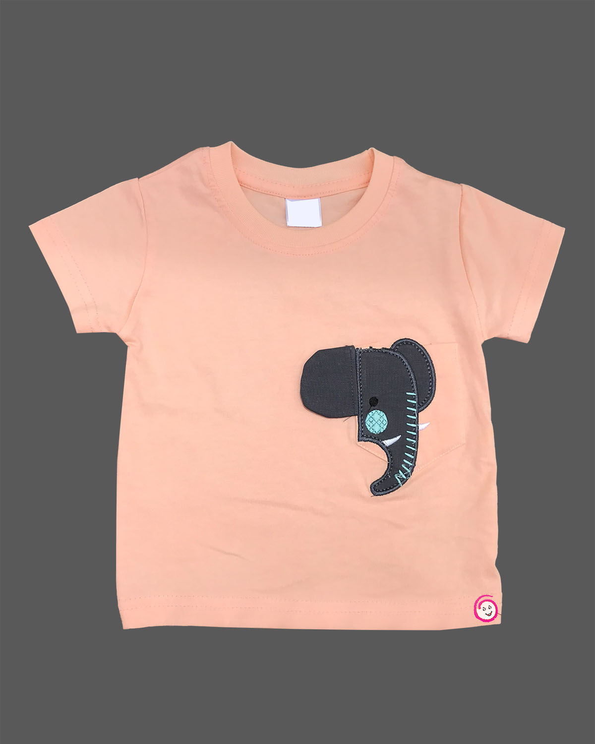 orange t-shirt with dark grey elephant patch and light wash blue denim elasticated shorts baby boy top and shorts set for summer vacations, playdates, and park outings