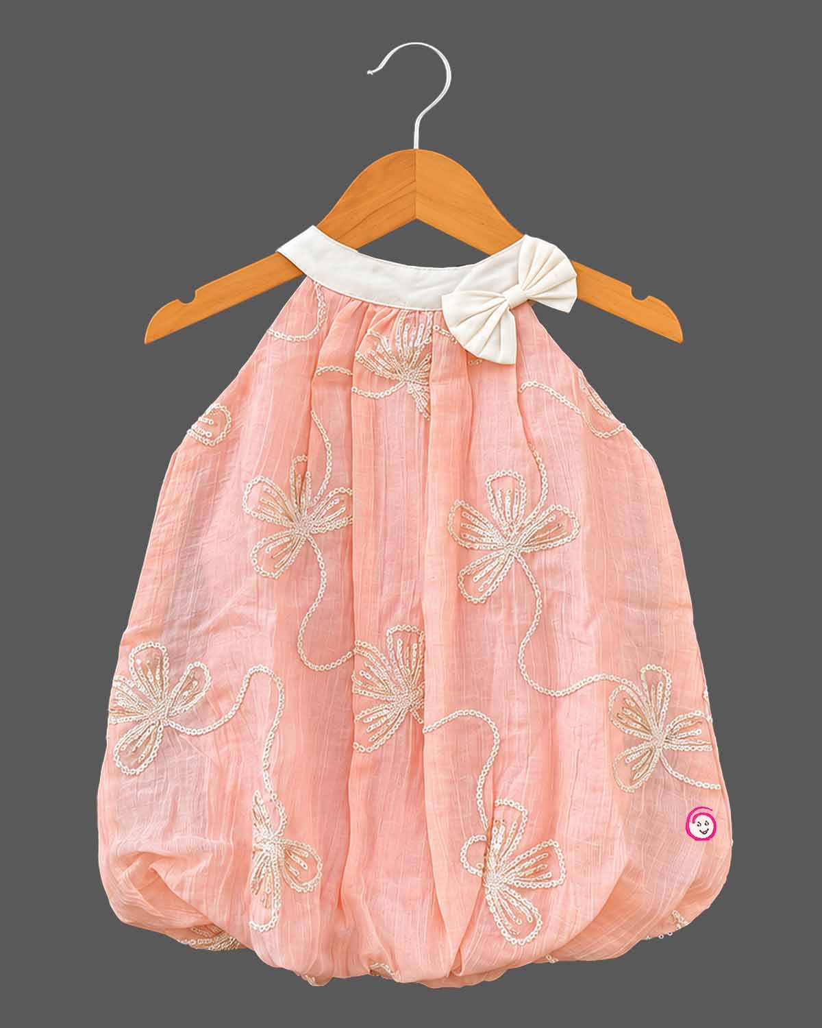 Baby girl lehenga style bubble dress featuring halter neck and sequin floral embroidery