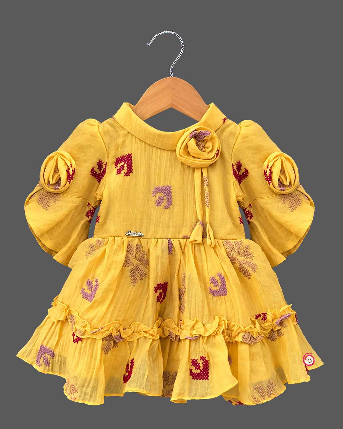 Baby Girl Cotton Frock with Bell Sleeves and Embroidered Floral Motifs for Casual Wear