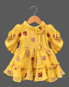 Baby Girl Cotton Frock with Bell Sleeves and Embroidered Floral Motifs for Casual Wear