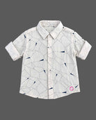 Boy button-down shirt with geometric linear pattern and roll-up sleeves for party wear for boys.