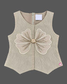 Toddler girl pleated vest and trouser set with pearl floral applique for party wear