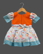 Girls Aari design traditional frock with puff sleeve - Orange