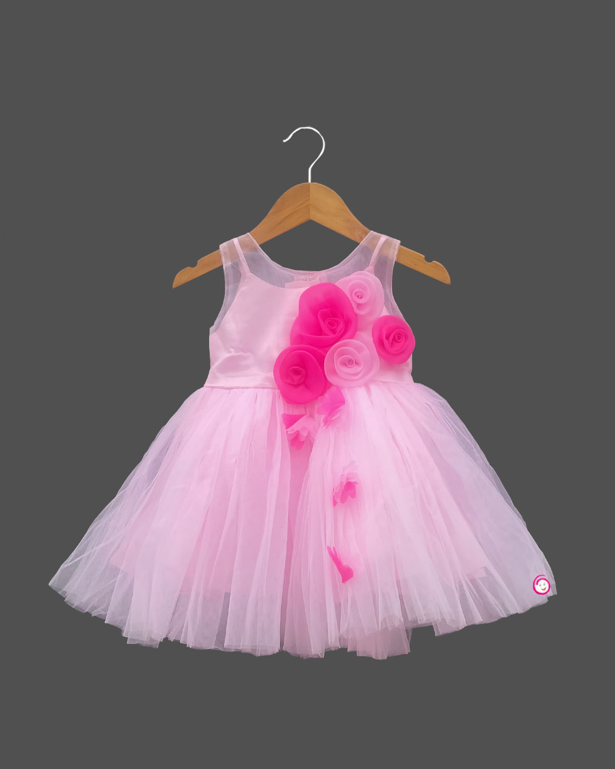 Girls rose applique with party frock - Baby Pink 