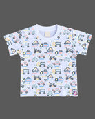 Boys dungaree set featuring short sleeve car print tee and olive dungaree shorts