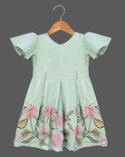Mint green cotton linen embroidered frock with flutter sleeves for girls