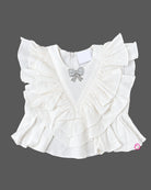 Ruffled top and denim pant baby party wear dress with embellished bow detail.