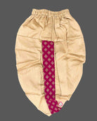 Boys brocade jacquard kids dhoti kurta featuring structured mandarin collar, metallic buttons, and draped pleated pants.