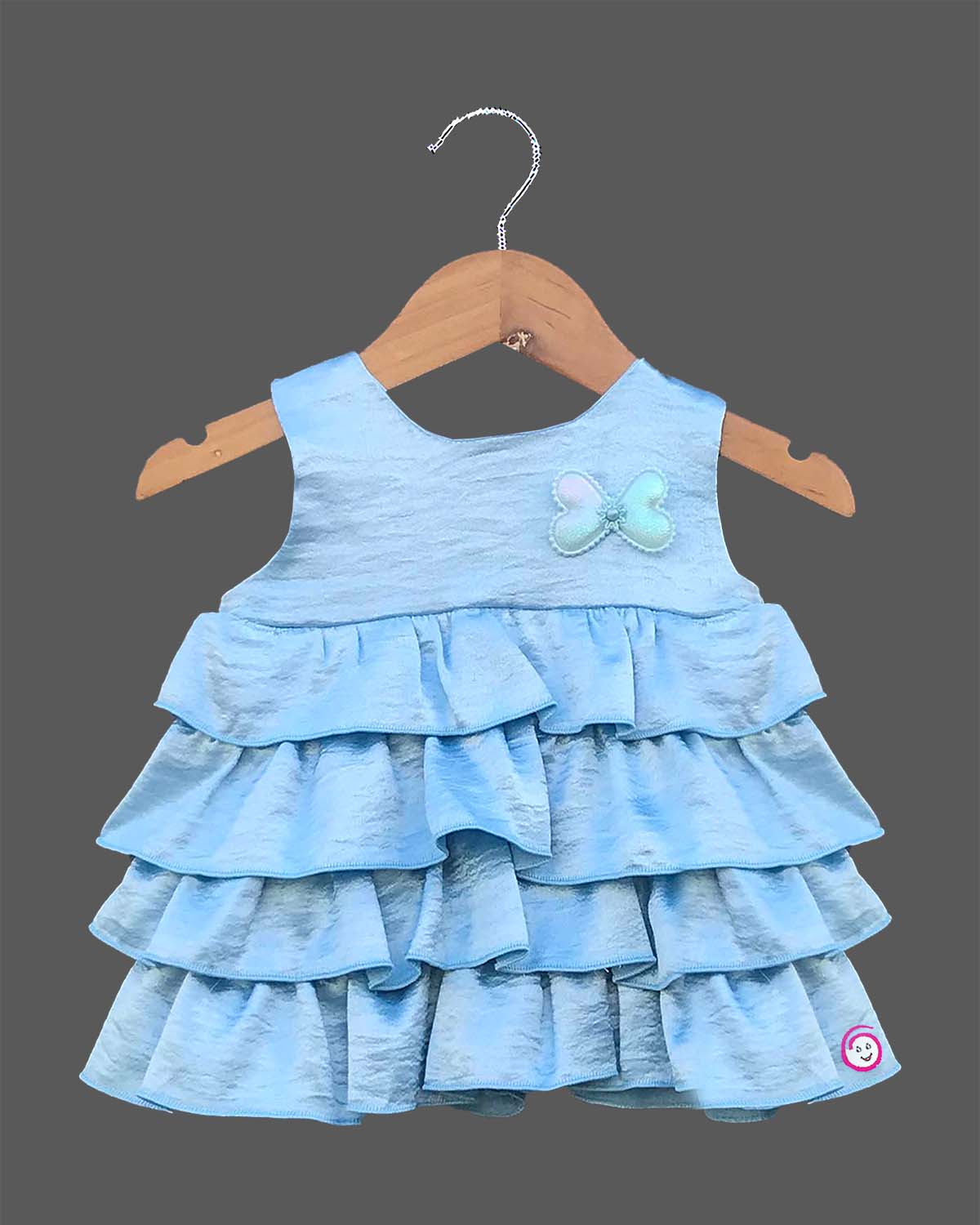 Light blue tiered ruffled baby girl party wear frock with butterfly applique for birthdays, weddings, and special occasions