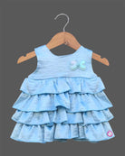 Light blue tiered ruffled baby girl party wear frock with butterfly applique for birthdays, weddings, and special occasions