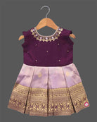 Girls silk embellished traditional frock featuring stone neckline handwork and zari pleated skirt