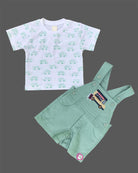 Playful young prince short sleeve vehicle pattern tee and bib shorts set for active kids