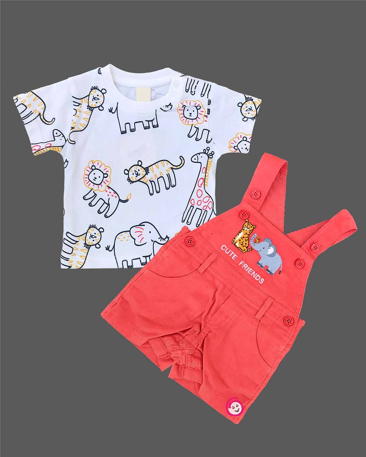 Adorable little gentleman safari animal print tshirt paired with embroidered friends short dungarees