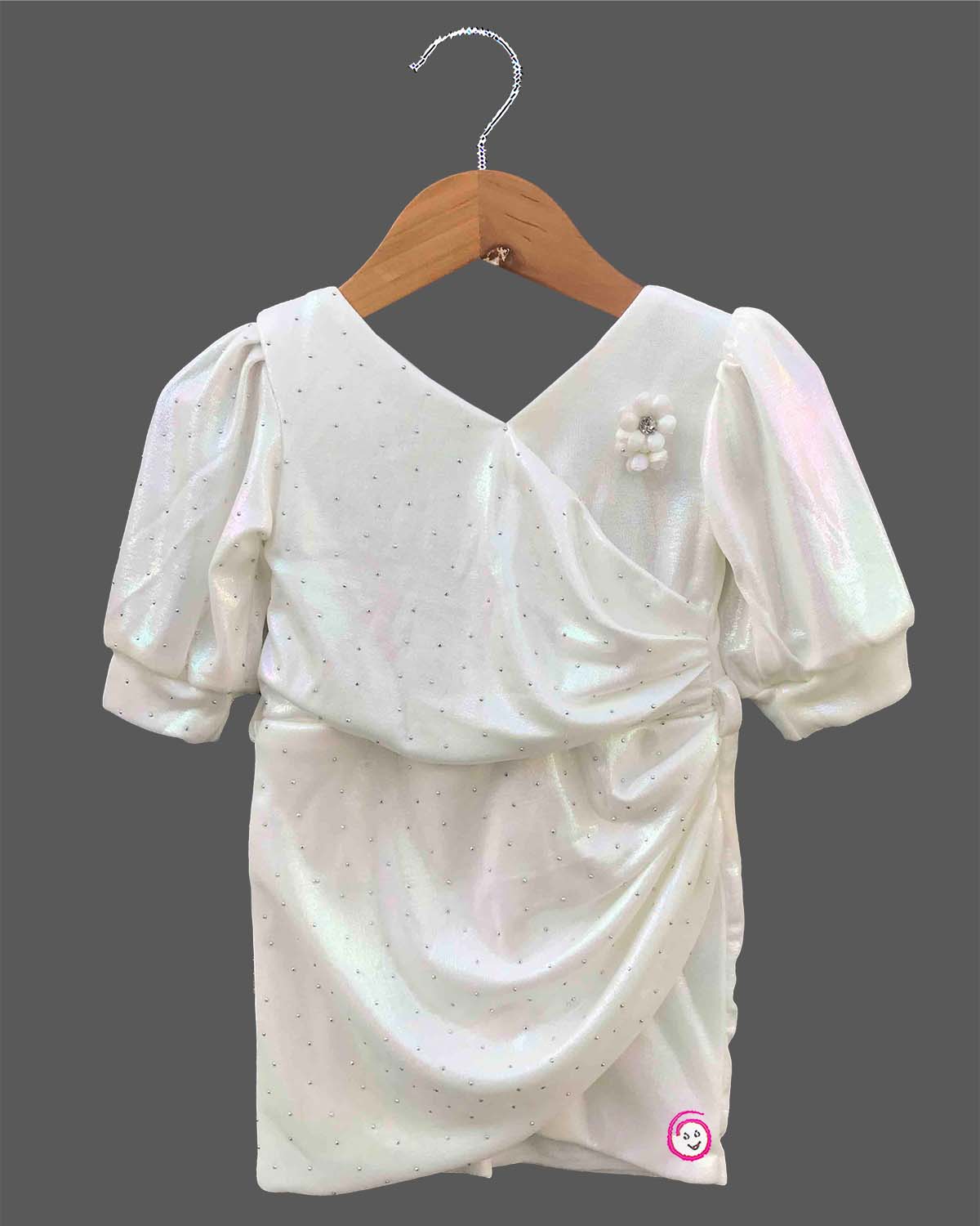 Baby girl shimmer midi dress with puff sleeves and embellished draped bodice for party wear