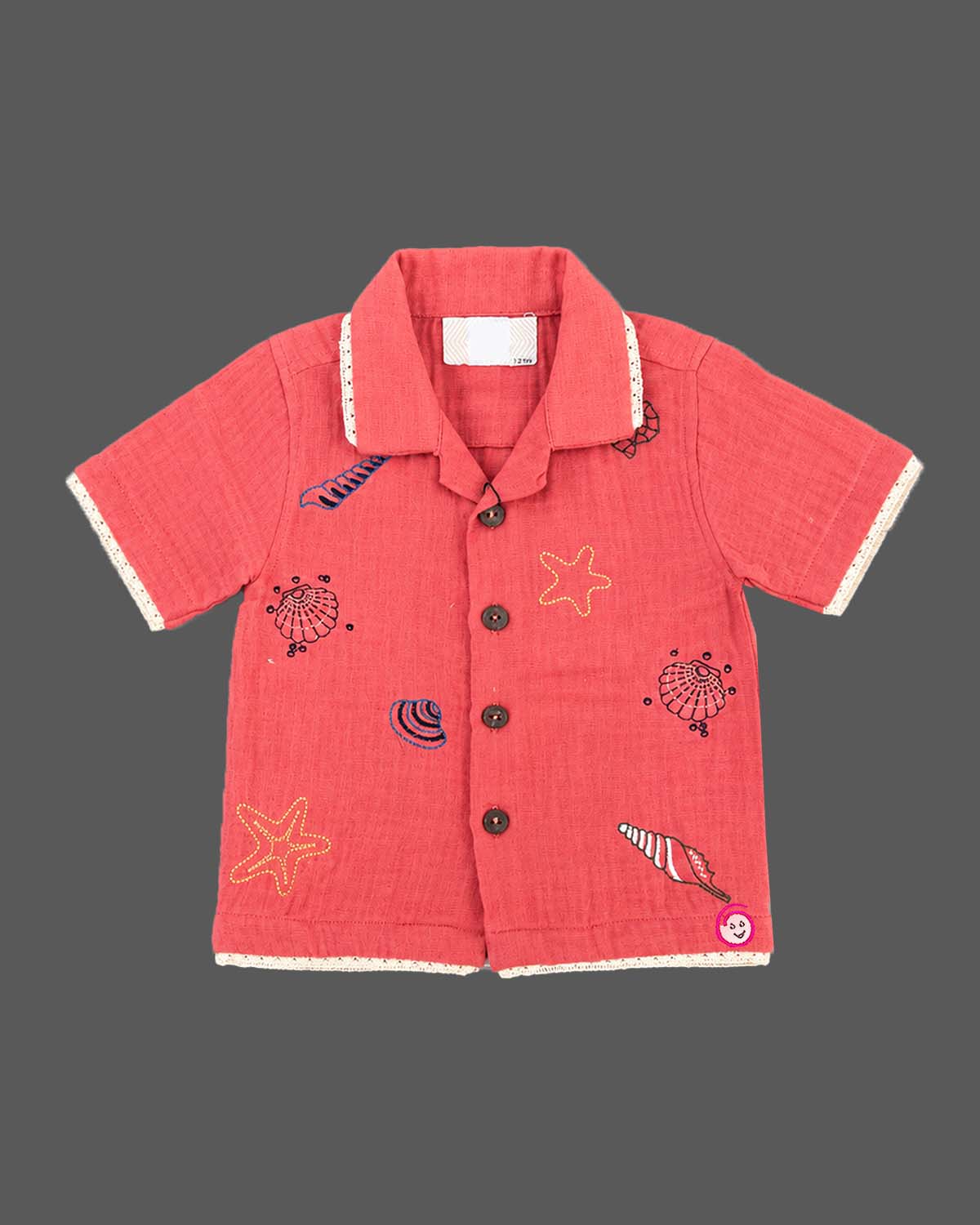 Toddler muslin embroidered button-down shirt and cargo shorts set for daily wear with shell embroidery.