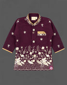 Little boy wearing purple and gold embroidered silk sherwani suit for weddings and festive functions