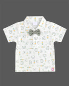 Boys printed shirt and suspender shorts set with bow tie for party wear