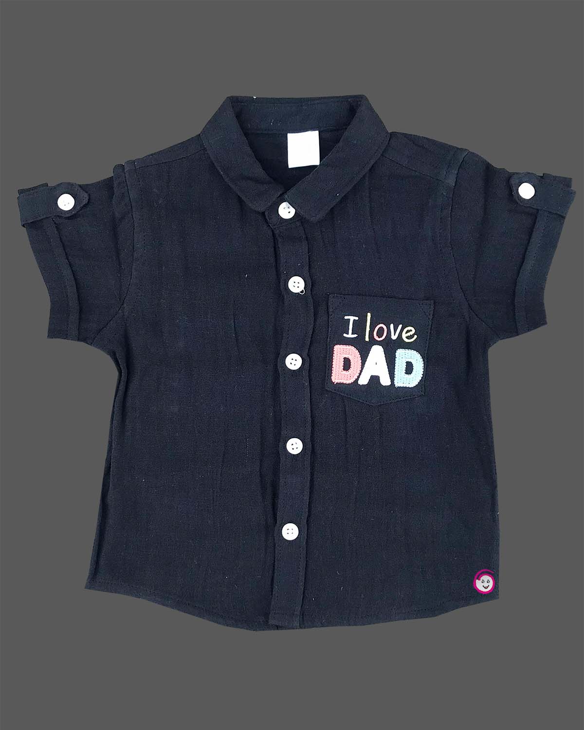 Black premium muslin Cotton short sleeve button down shirt and shorts set with I love DAD pocket design for summer holidays