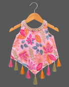 Sleeveless kurti for kids with asymmetric tassel hem and wide-leg pleated palazzo pants.