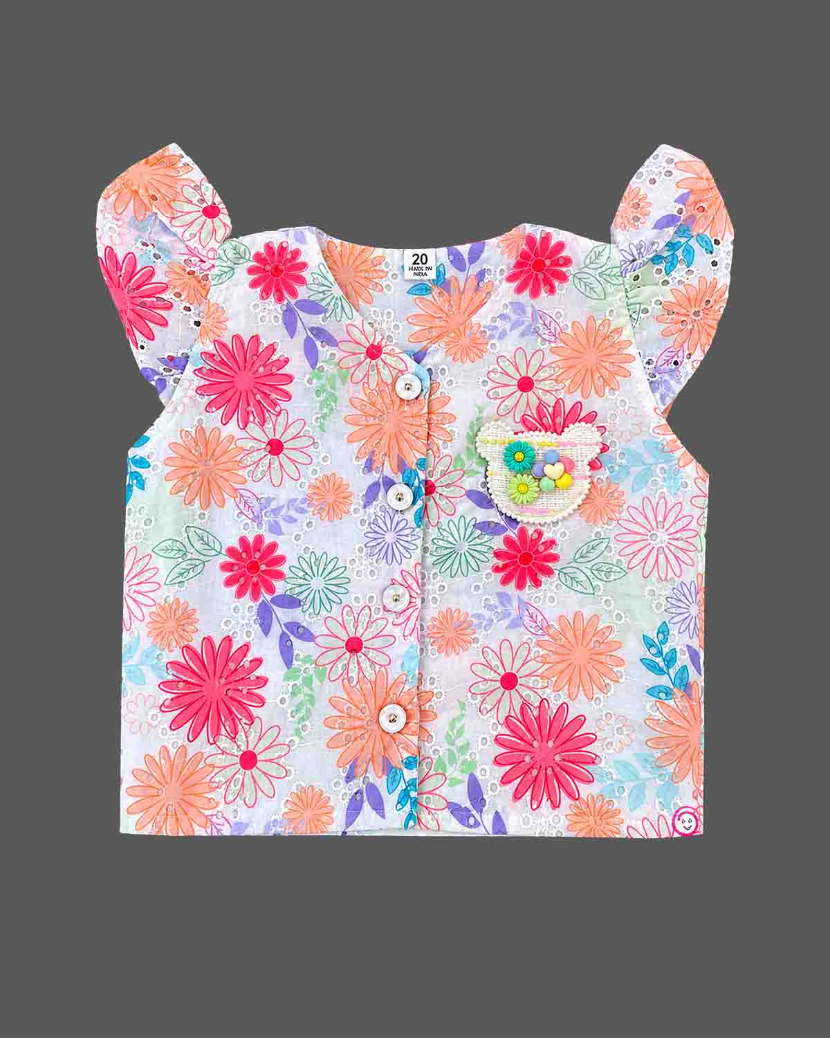 Toddler floral schiffli top set with flutter sleeves and matching shorts for baby party wear dress outings.