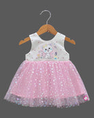 Baby girl white and pink net frock with cute cat graphic print and heart net skirt