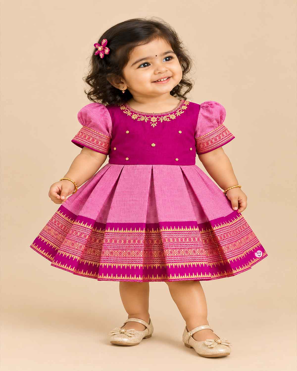Girls silk cotton frock featuring embroidered round neckline, puff sleeves with zari trim, and pleated skirt.