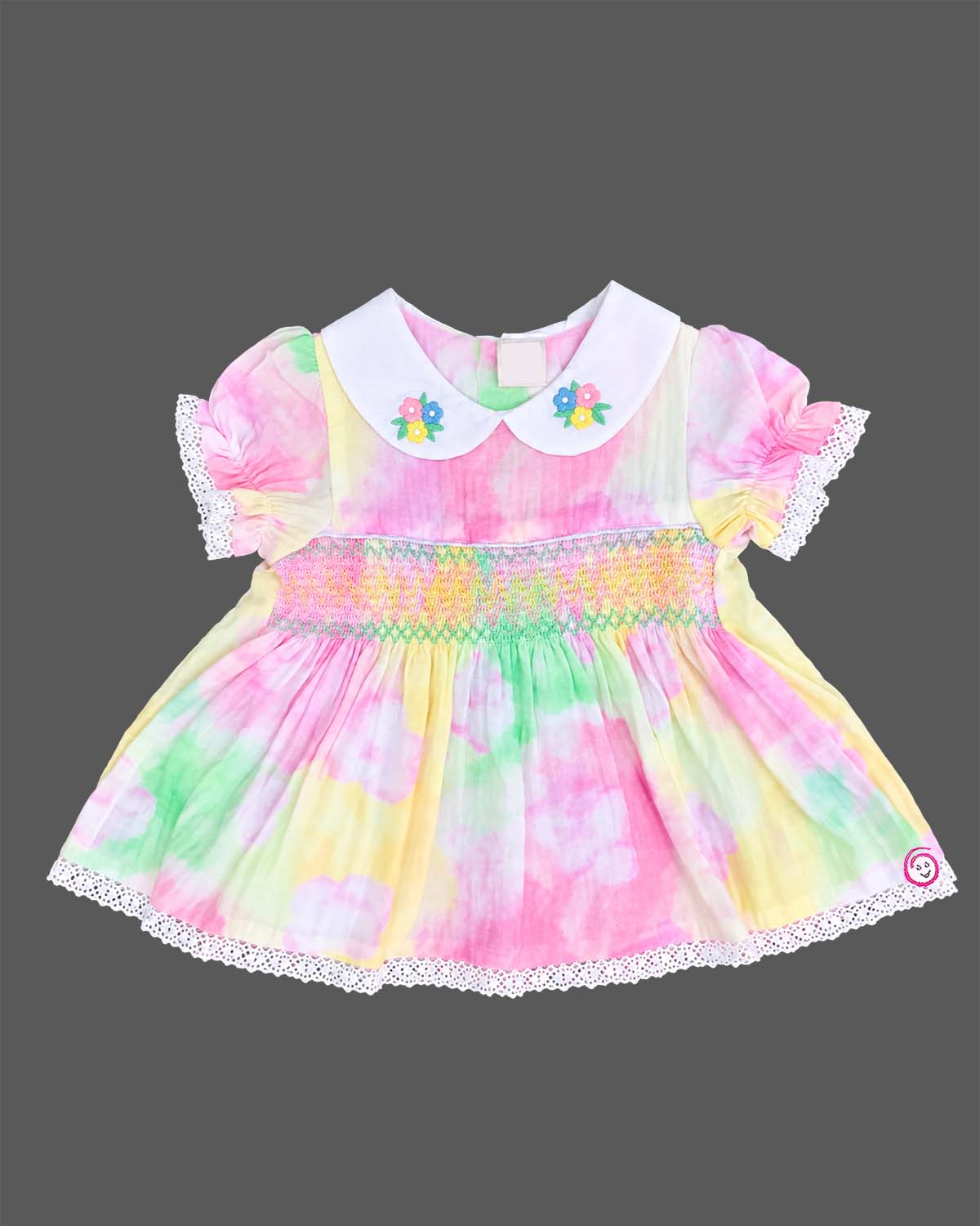 Multicolor infants frock with round neck and white lace trim
