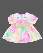 Multicolor infants frock with round neck and white lace trim