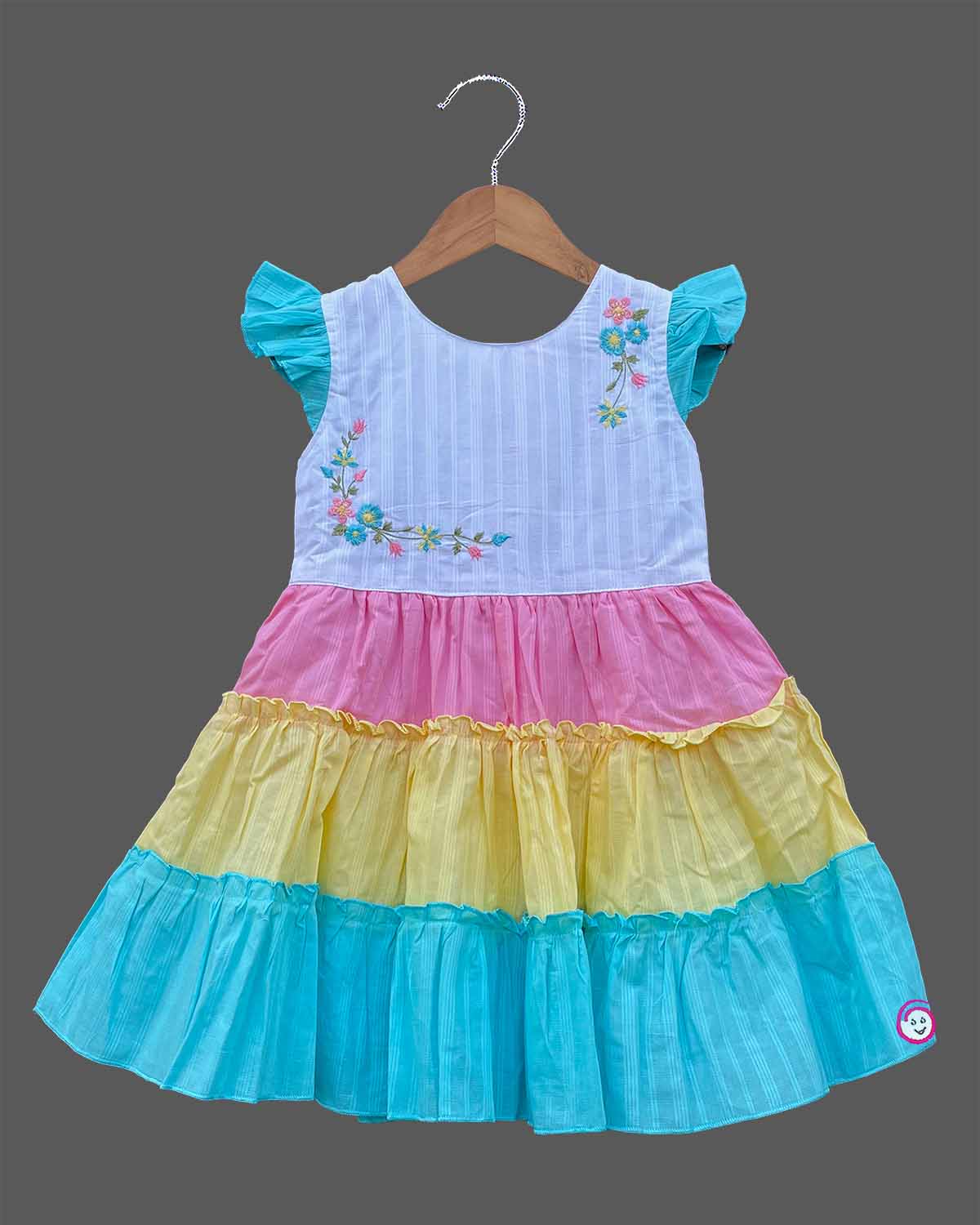 Multicolor pink yellow blue white cotton tiered frock with frill sleeve