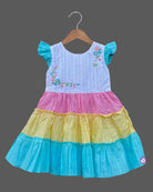 Multicolor pink yellow blue white cotton tiered frock with frill sleeve
