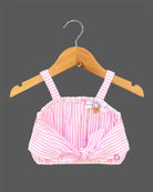 Trendy striped two-piece set for baby girls featuring a sleeveless front-knot crop top with appliqué bow alongside a matching lace-trimmed tiered flared skirt on a hanger.