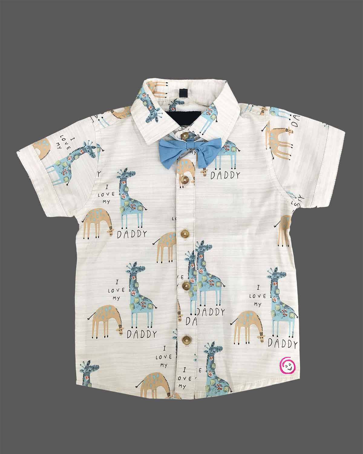 Stylish young prince wearing a collared giraffe print shirt with bow tie and suspender shorts outfit.