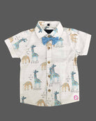 Stylish young prince wearing a collared giraffe print shirt with bow tie and suspender shorts outfit.