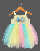 Sleeveless sequin bodice tulle frock with a front bow applique for kids wedding dress occasions.