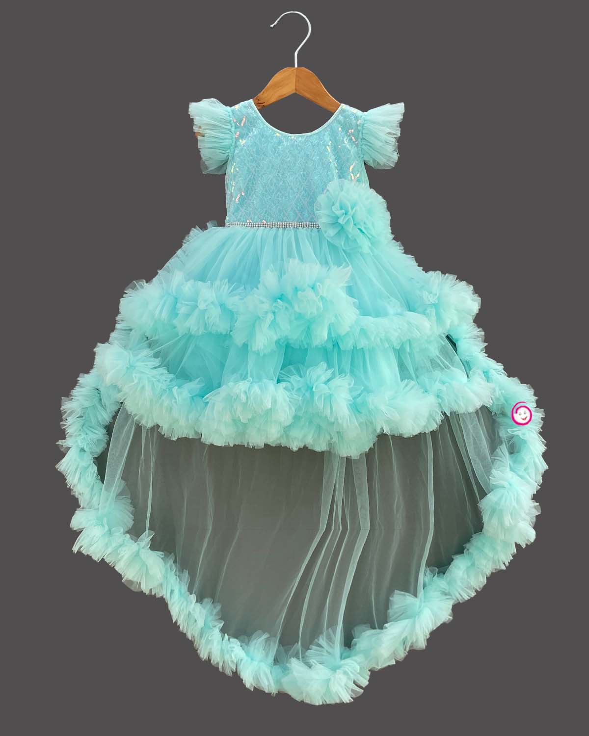 Girls applique ruffled elegant frock - Sky Blue