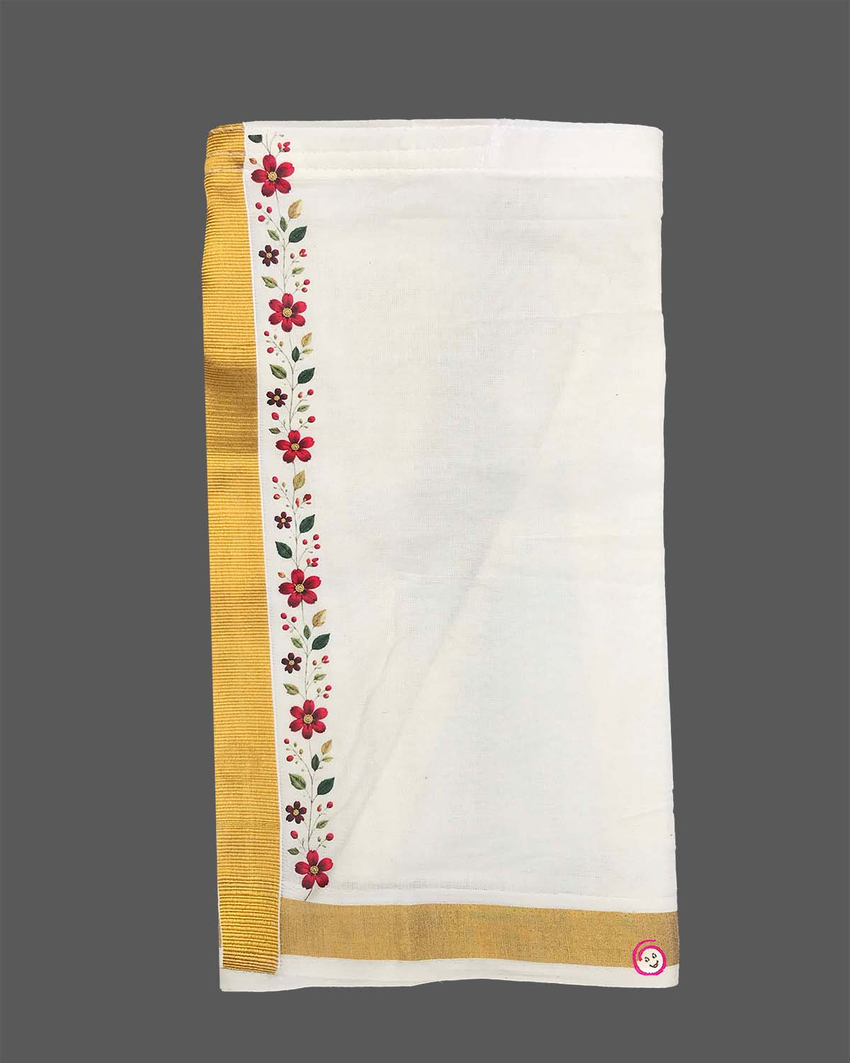 Dapper traditional Indian outfit for young boys featuring a short-sleeved collared shirt with zari trims and floral embroidery paired with a matching golden-bordered dhoti.