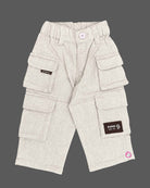 Smart casual cargo pant for young gentleman with multiple flap pockets, elasticized waist, button fastening, and logo badge patch.
