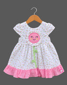 Toddler floral-print casual frock featuring a smiling sun applique and cap sleeves