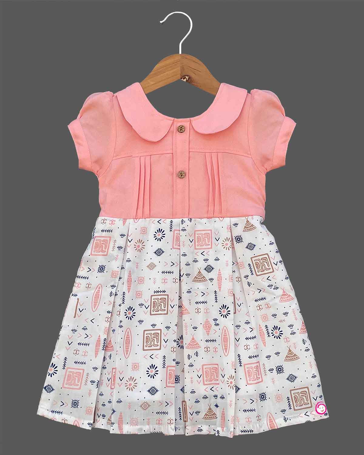 Girls printed puff sleeve casual frock - Peach